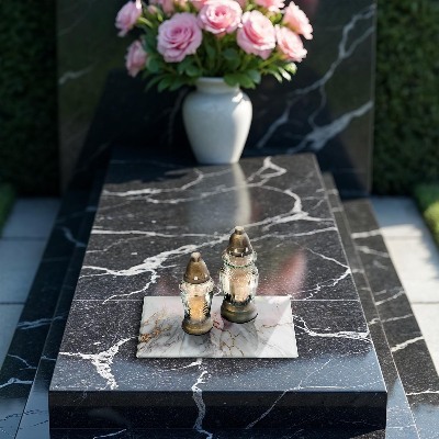 Grabkerze Untersetzer Heller Marmor mit Gold