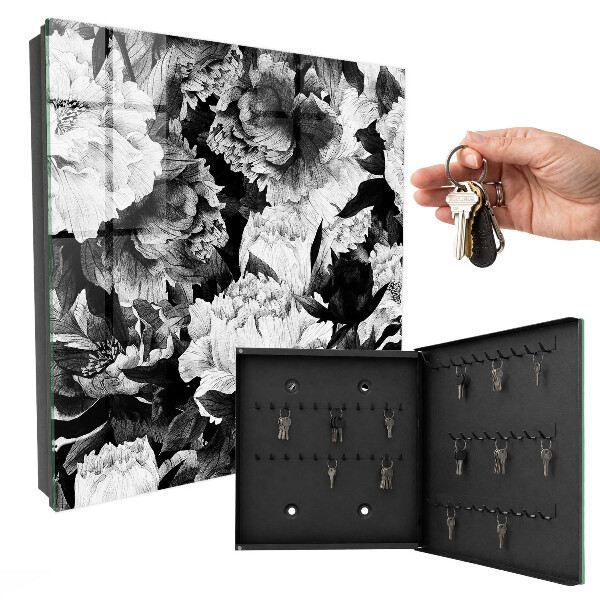Schlüsselkasten mit Motiv schwarz-weiße Blüten
