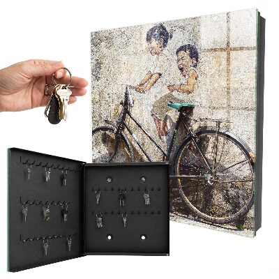 Schlüsselbox zur Wandmontage mit Motiv Kinder und Fahrrad