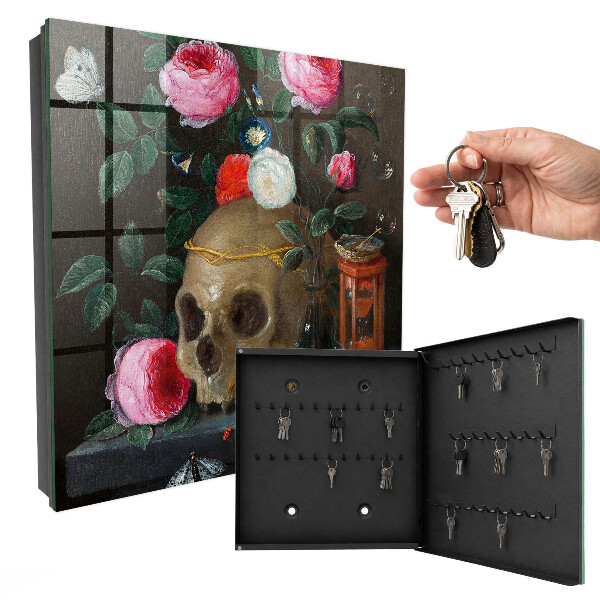 Schlüsselkasten mit Totenkopf- und Blumenmotiv