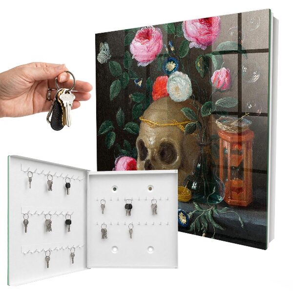Schlüsselkasten mit Totenkopf- und Blumenmotiv