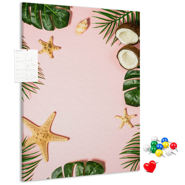 Kork-Pinnwand mit tropischem Muster aus Blättern und Muscheln