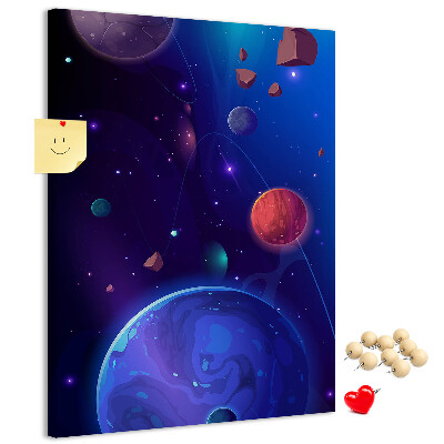 Bedruckte Korkplatte mit Weltraumlandschaft aus Planeten und Asteroiden