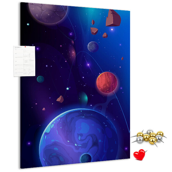 Bedruckte Korkplatte mit Weltraumlandschaft aus Planeten und Asteroiden