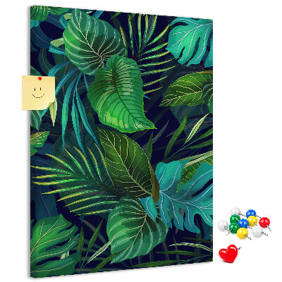 Kork-Pinnwand mit Motiv tropische Blätter auf dunklem Hintergrund