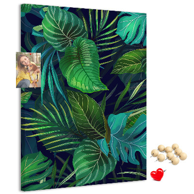 Kork-Pinnwand mit Motiv tropische Blätter auf dunklem Hintergrund