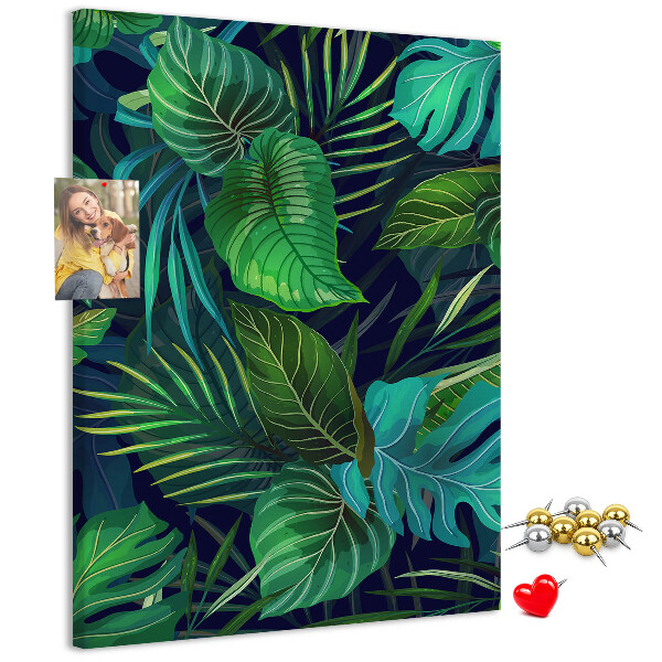 Kork-Pinnwand mit Motiv tropische Blätter auf dunklem Hintergrund