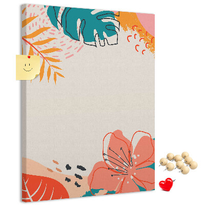 Kork-Pinnwand mit Motiv tropische Blätter und Blüten in Pastelltönen