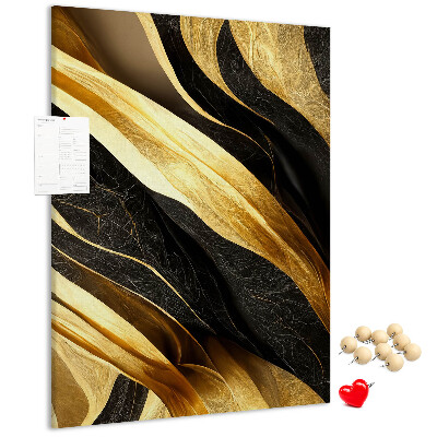 Kork-Pinnwand mit goldenen und schwarzen Wellen in Stofftextur