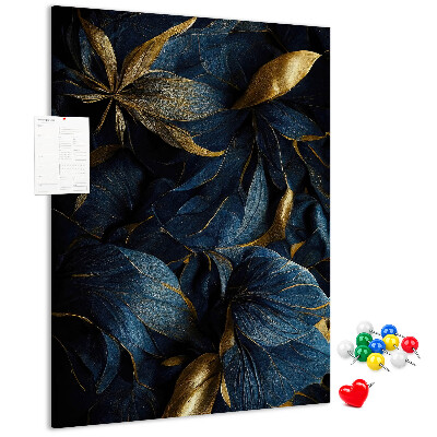 Bedruckte Korkplatte mit goldenen Blättern auf dunklem Hintergrund