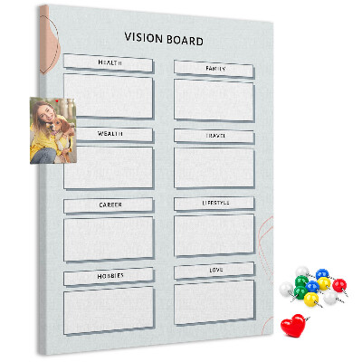 Kork-Pinnwand mit Lebenskategorien für Visionboards