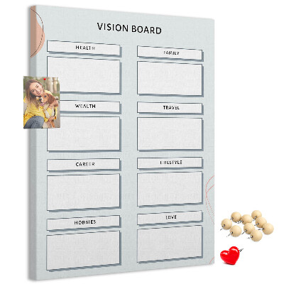 Kork-Pinnwand mit Lebenskategorien für Visionboards