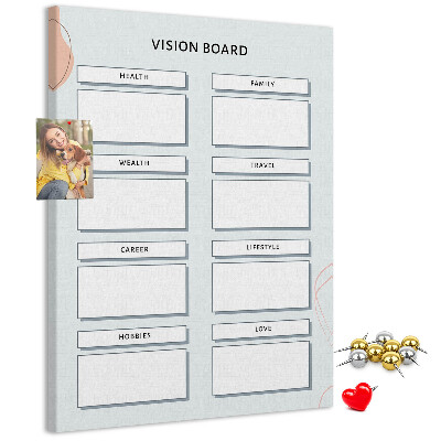 Kork-Pinnwand mit Lebenskategorien für Visionboards