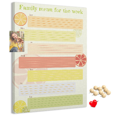 Kork-Pinnwand farbenfroher Wochenspeiseplan für die Familie
