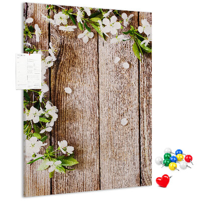 Pinnwand mit Motiv Blumen auf einem Hintergrund aus Holzbrettern