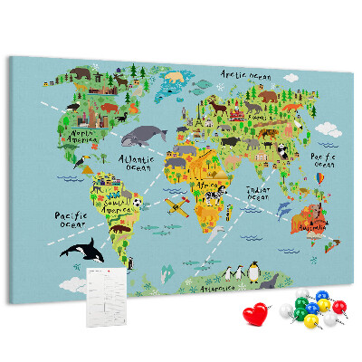 Korktafel bunte Weltkarte mit Tieren und Kontinenten