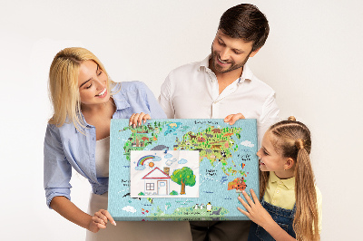 Korktafel bunte Weltkarte mit Tieren und Kontinenten