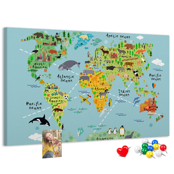 Korktafel bunte Weltkarte mit Tieren und Kontinenten