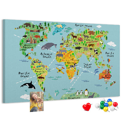 Korktafel bunte Weltkarte mit Tieren und Kontinenten