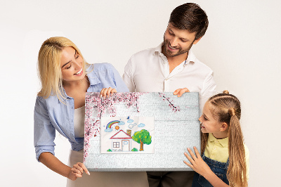 Kork-Pinnwand mit Motiv Blütenzweige auf weißem Holzgrund