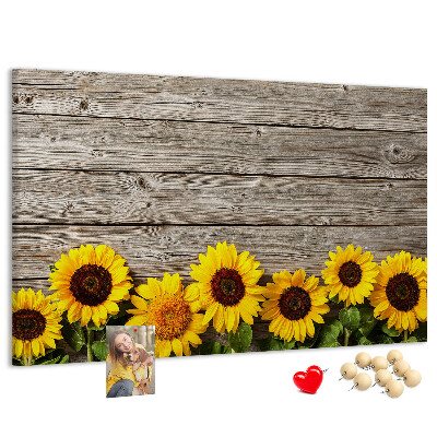 Kork-Pinnwand mit Motiv Sonnenblumen auf Holzbrettern
