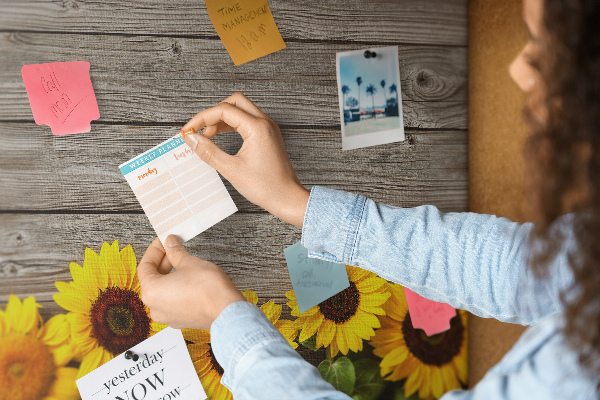 Kork-Pinnwand mit Motiv Sonnenblumen auf Holzbrettern