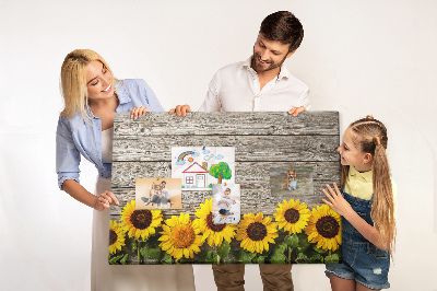 Kork-Pinnwand mit Motiv Sonnenblumen auf Holzbrettern