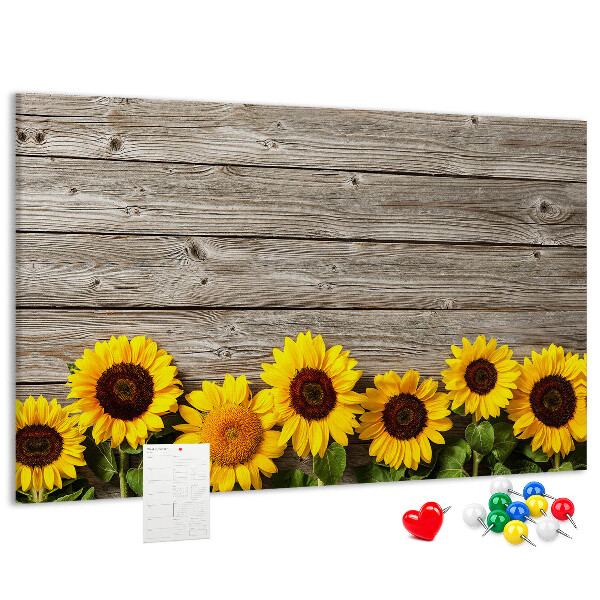 Kork-Pinnwand mit Motiv Sonnenblumen auf Holzbrettern