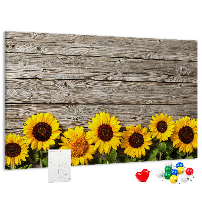 Kork-Pinnwand mit Motiv Sonnenblumen auf Holzbrettern
