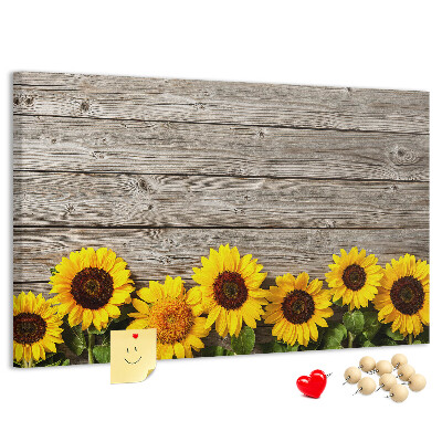 Kork-Pinnwand mit Motiv Sonnenblumen auf Holzbrettern