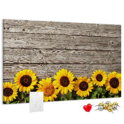 Kork-Pinnwand mit Motiv Sonnenblumen auf Holzbrettern