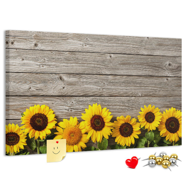 Kork-Pinnwand mit Motiv Sonnenblumen auf Holzbrettern