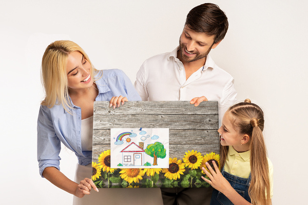 Kork-Pinnwand mit Motiv Sonnenblumen auf Holzbrettern