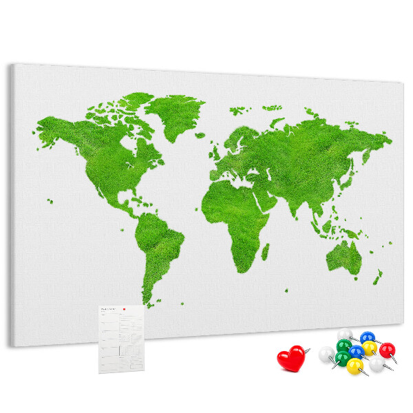 Wandbild Weltkarte mit grüner Rasenoberfläche und Korkrückwand
