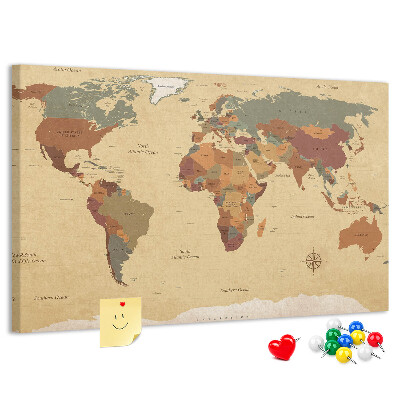 Korktafel mit Motiv einer antiken Weltkarte in gedeckten Farben