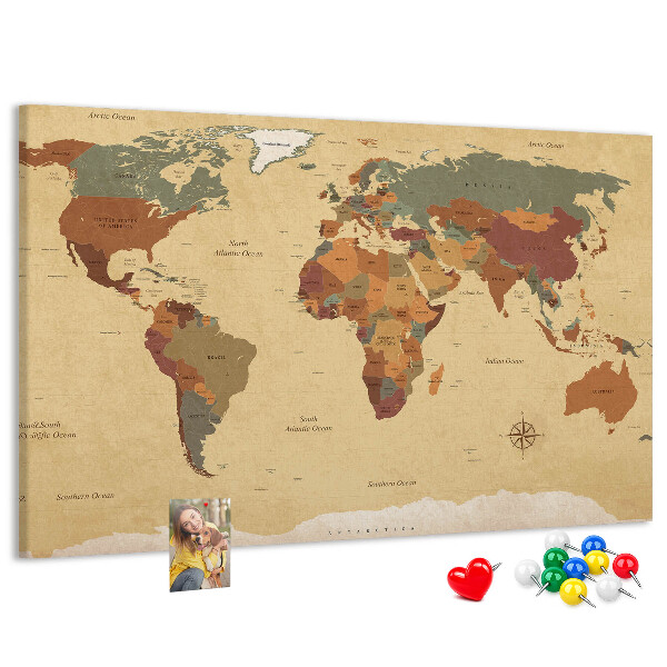 Korktafel mit Motiv einer antiken Weltkarte in gedeckten Farben