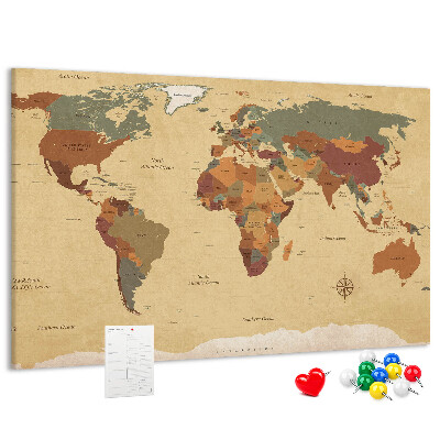 Korktafel mit Motiv einer antiken Weltkarte in gedeckten Farben