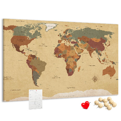 Korktafel mit Motiv einer antiken Weltkarte in gedeckten Farben