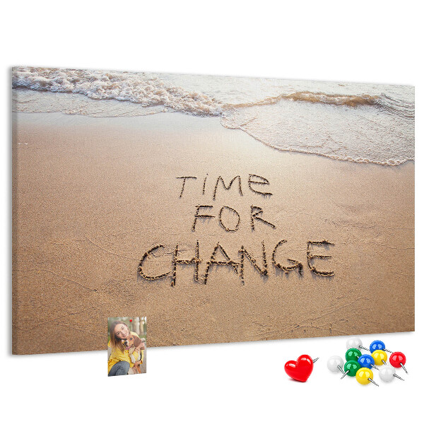 Bild mit Korkrückwand mit dem Motiv Veränderungen, die in den Strandsand geschrieben stehen