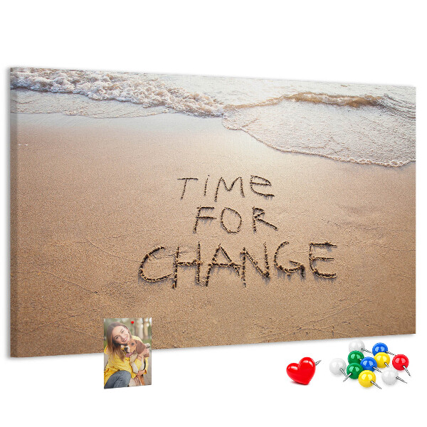 Bild mit Korkrückwand mit dem Motiv Veränderungen, die in den Strandsand geschrieben stehen