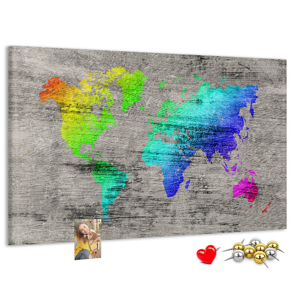Weltkarte mit Korkrückwand bunte Ausführung auf grauem Hintergrund