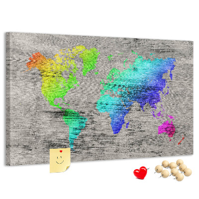 Weltkarte mit Korkrückwand bunte Ausführung auf grauem Hintergrund