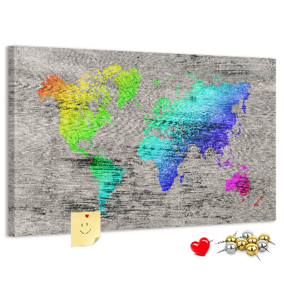 Weltkarte mit Korkrückwand bunte Ausführung auf grauem Hintergrund