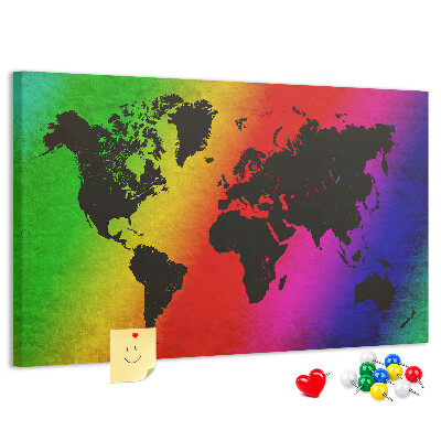 Korktafel mit Weltkartenmotiv in Regenbogenfarben