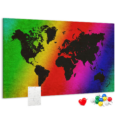 Korktafel mit Weltkartenmotiv in Regenbogenfarben
