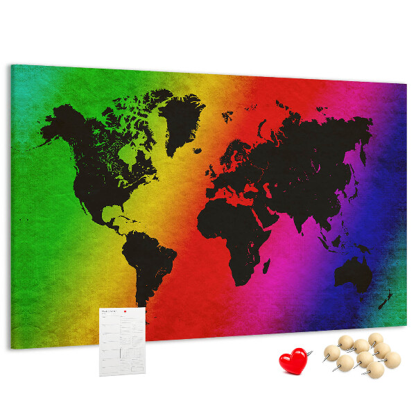 Korktafel mit Weltkartenmotiv in Regenbogenfarben