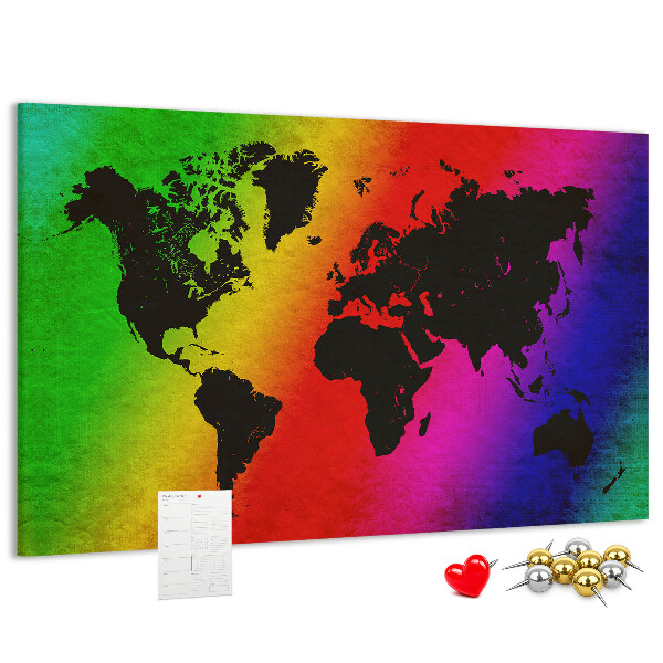 Korktafel mit Weltkartenmotiv in Regenbogenfarben