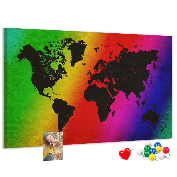 Korktafel mit Weltkartenmotiv in Regenbogenfarben