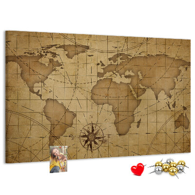 Korktafel mit Motiv einer antiken Weltkarte mit Kompass