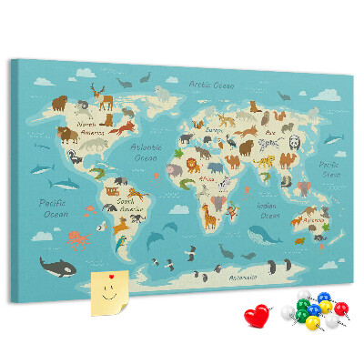 Korktafel Weltkarte mit Wildtieren